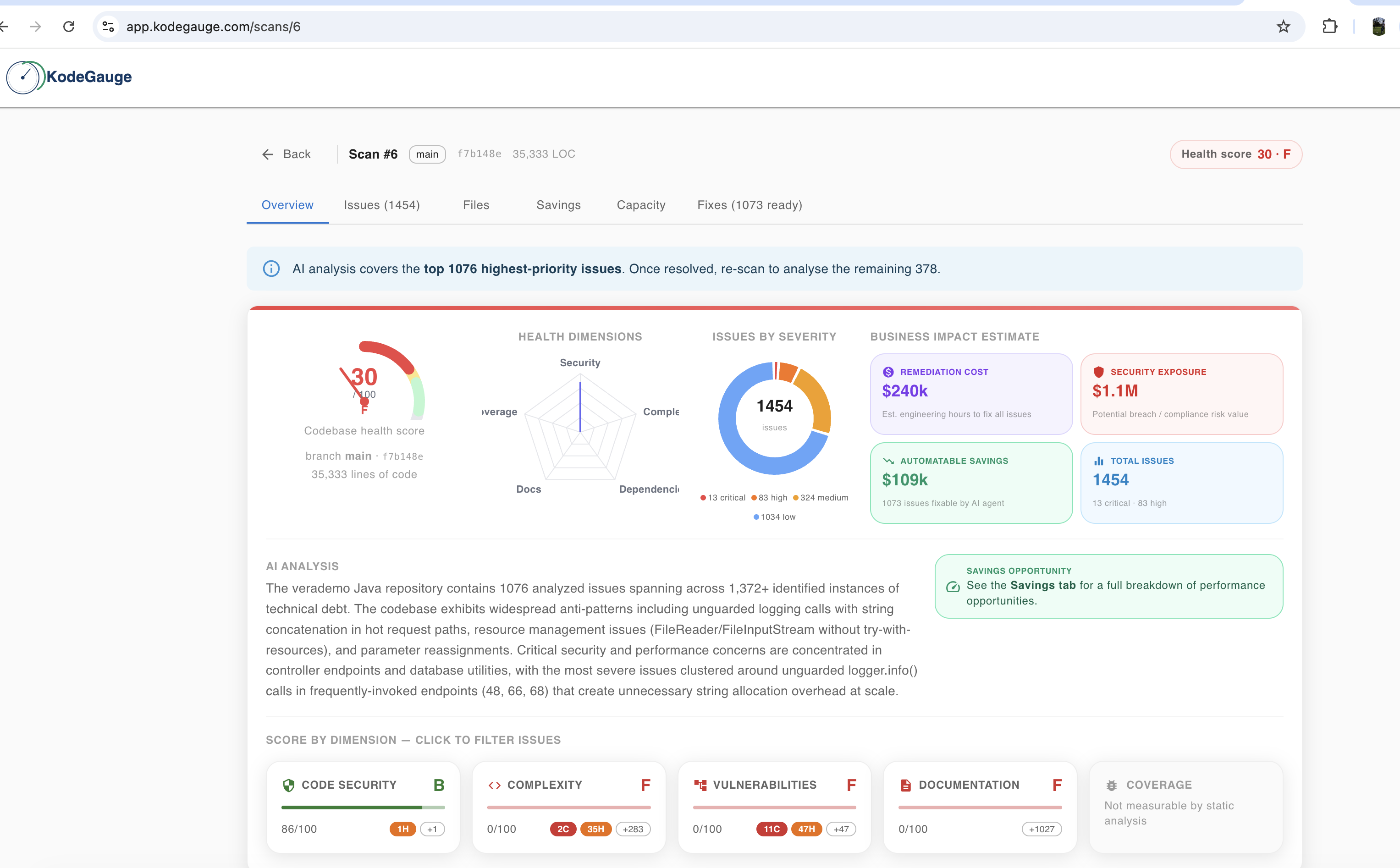 KodeGauge scan results page showing prioritised findings and remediation recommendations.